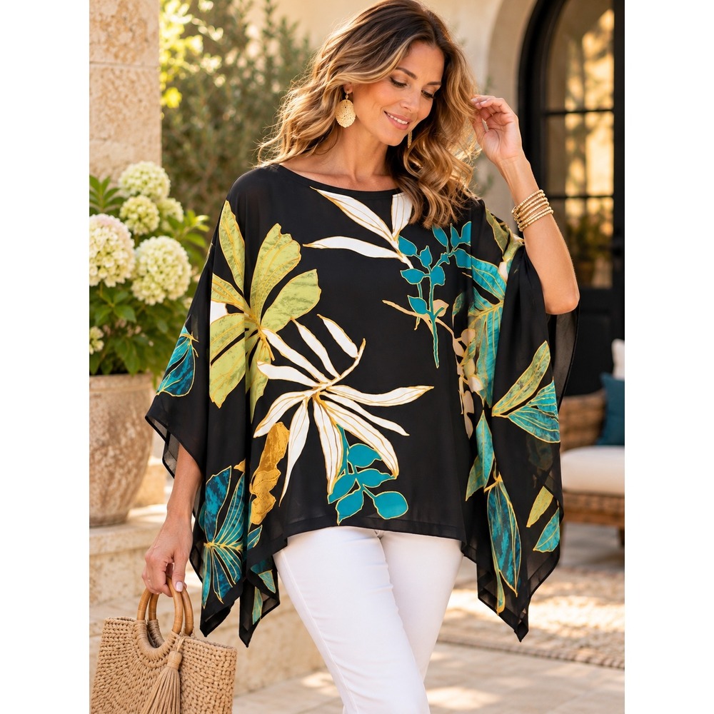 Chico's XL Black Floral Kimono Blouse Oversized Dolman Coastal Botanical Boho